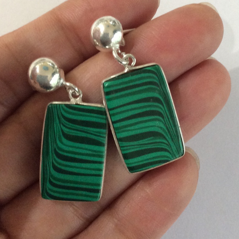 Solid Sterling Silver Malachite Earrings 925 - image 2